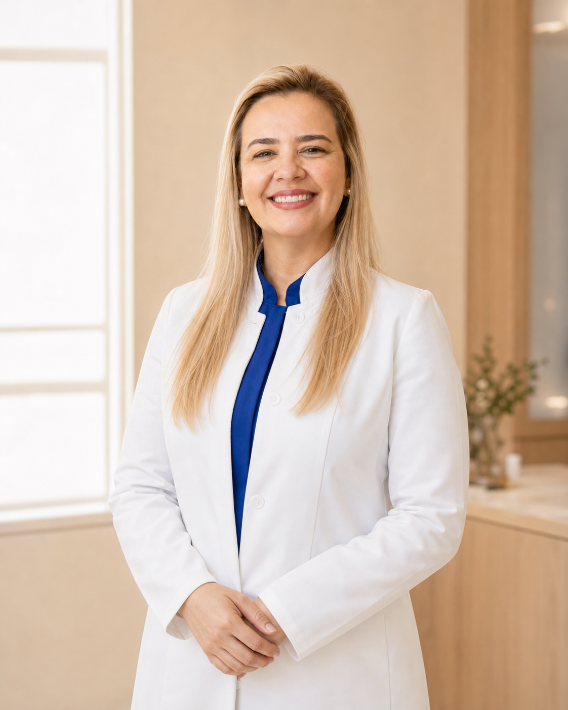Dra. Flora França sorrindo em ambiente clínico